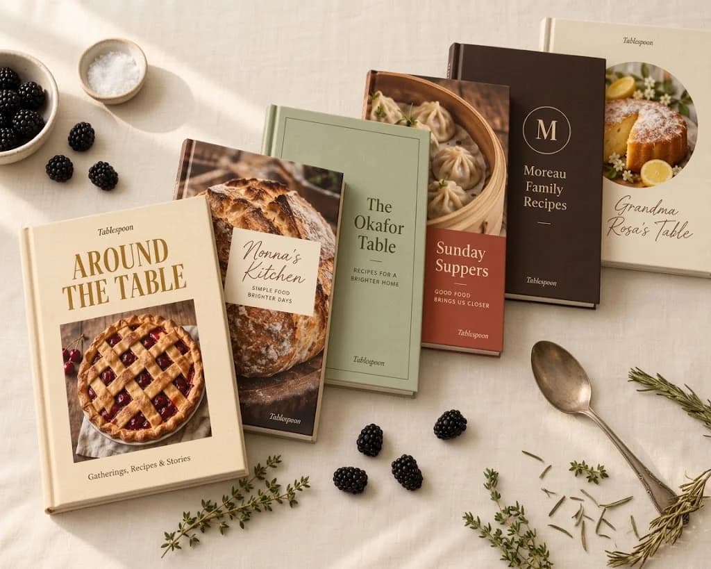 Six Tablespoon family cookbooks with different cover designs laid out on a table